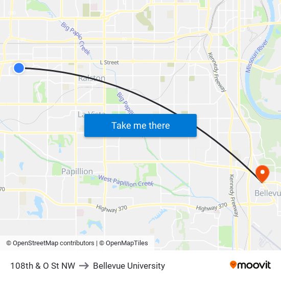 108th & O St NW to Bellevue University map