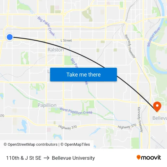110th & J St SE to Bellevue University map