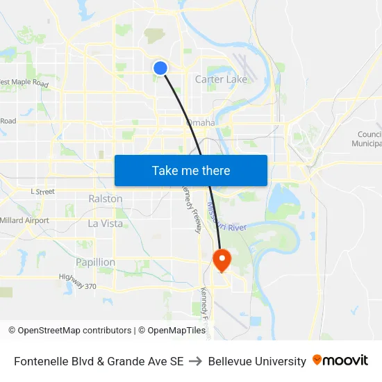 Fontenelle Blvd & Grande Ave SE to Bellevue University map