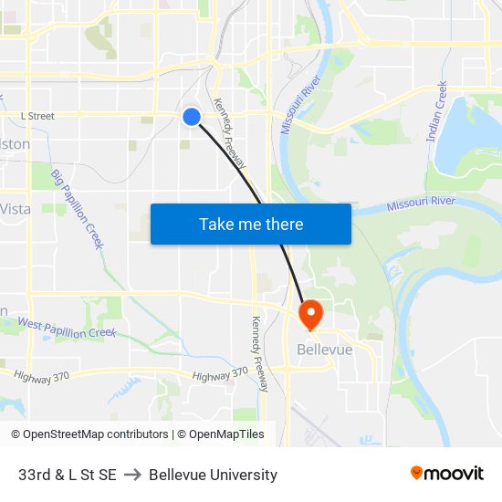 33rd & L St SE to Bellevue University map