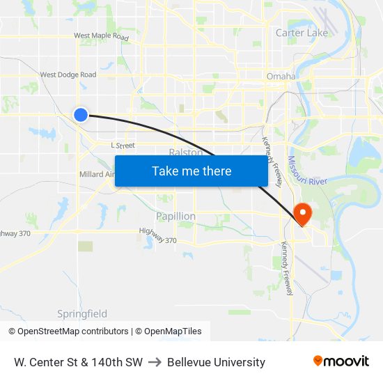 W. Center St & 140th SW to Bellevue University map