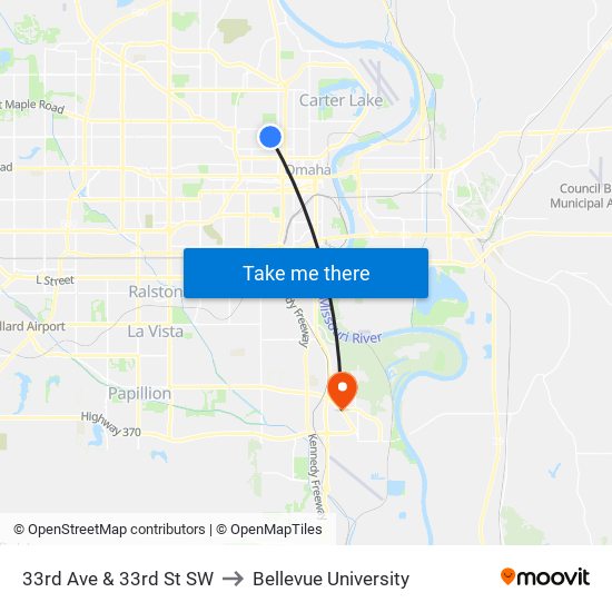 33rd Ave & 33rd St SW to Bellevue University map