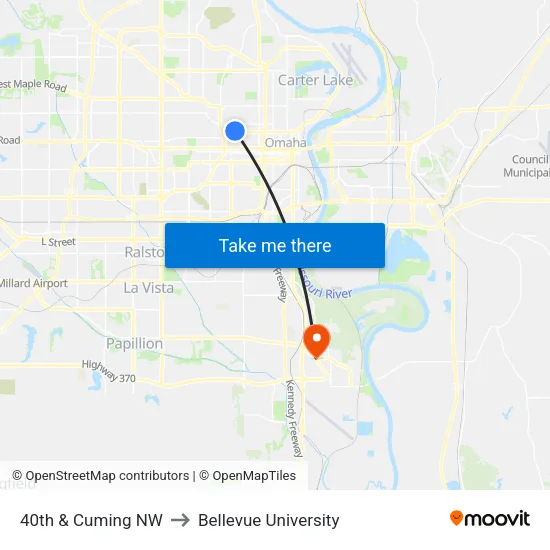 40th & Cuming NW to Bellevue University map