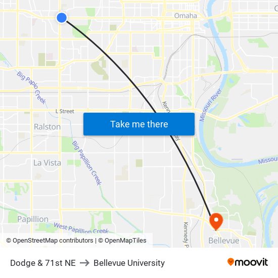 Dodge & 71st NE to Bellevue University map
