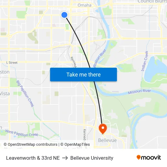 Leavenworth & 33rd NE to Bellevue University map