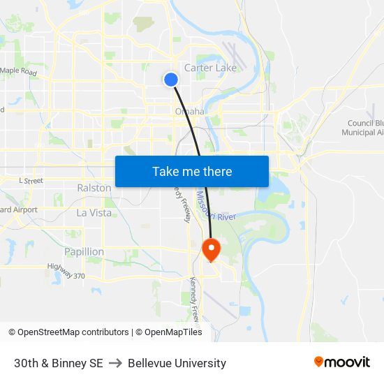 30th & Binney SE to Bellevue University map