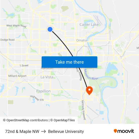 72nd & Maple NW to Bellevue University map