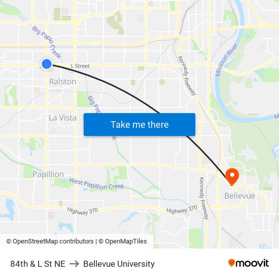 84th & L St NE to Bellevue University map