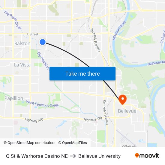 Q St & Warhorse Casino NE to Bellevue University map