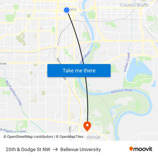 20th & Dodge St NW to Bellevue University map