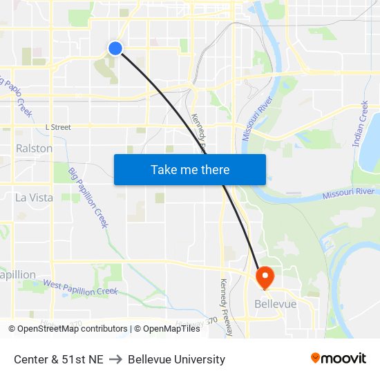 Center & 51st NE to Bellevue University map