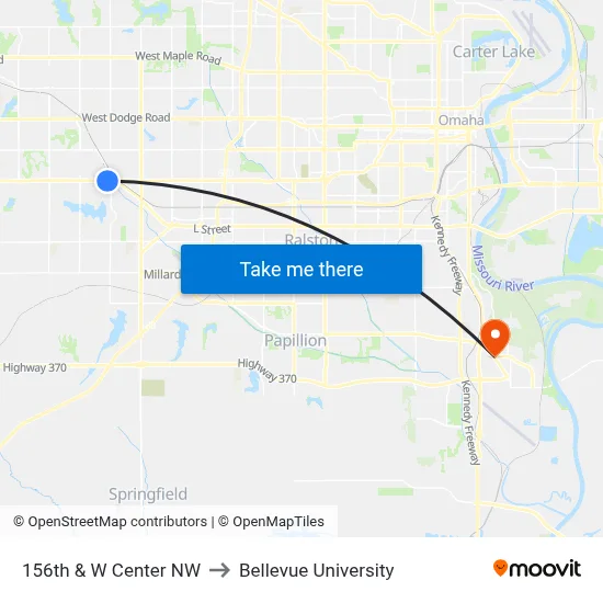 156th & W Center NW to Bellevue University map