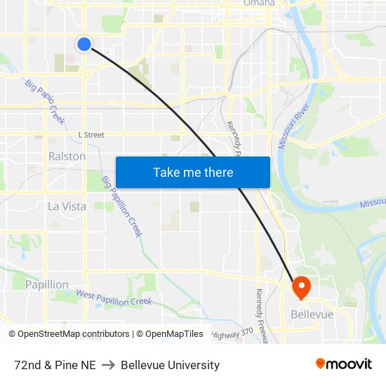 72nd & Pine NE to Bellevue University map