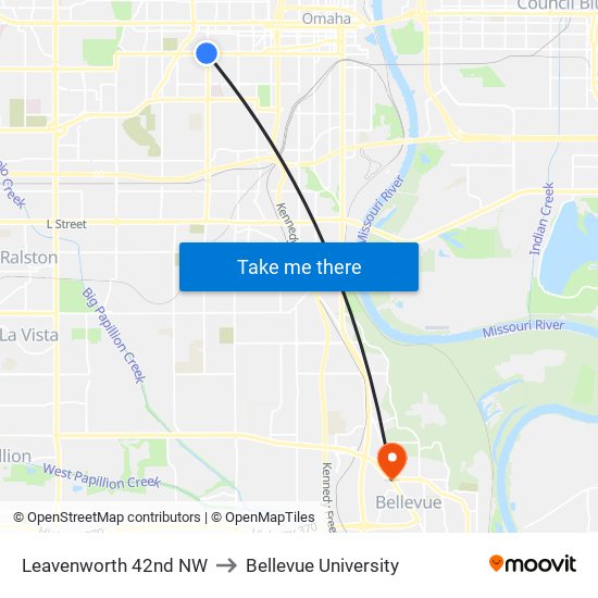 Leavenworth 42nd NW to Bellevue University map
