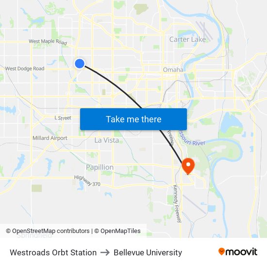 Westroads Orbt Station to Bellevue University map