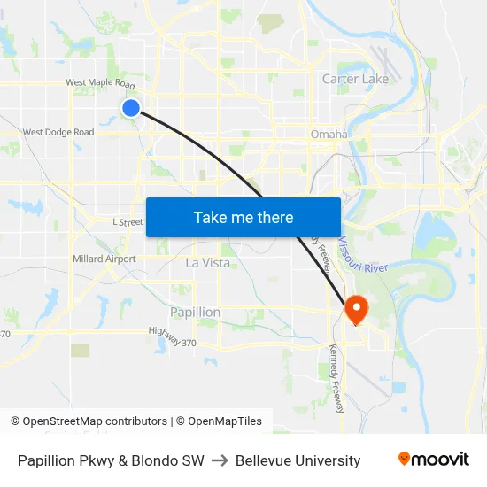 Papillion Pkwy & Blondo SW to Bellevue University map