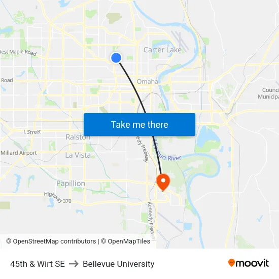 45th & Wirt SE to Bellevue University map