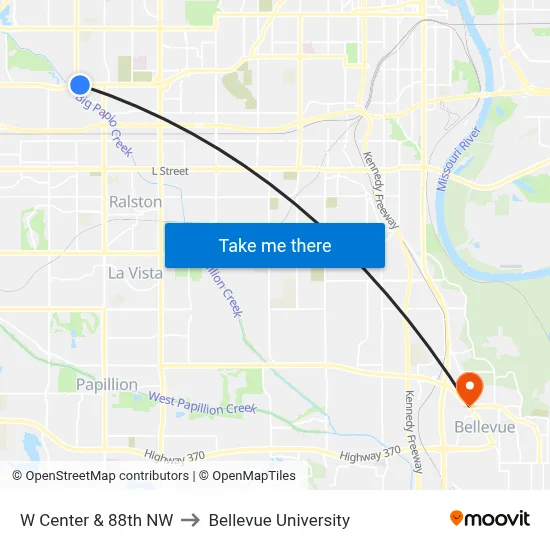 W Center & 88th NW to Bellevue University map