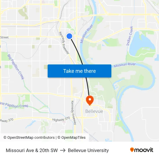 Missouri Ave & 20th SW to Bellevue University map
