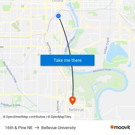 16th & Pine NE to Bellevue University map