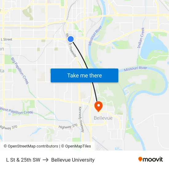 L St & 25th SW to Bellevue University map