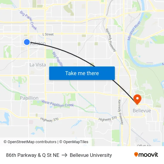 86th Parkway & Q St NE to Bellevue University map