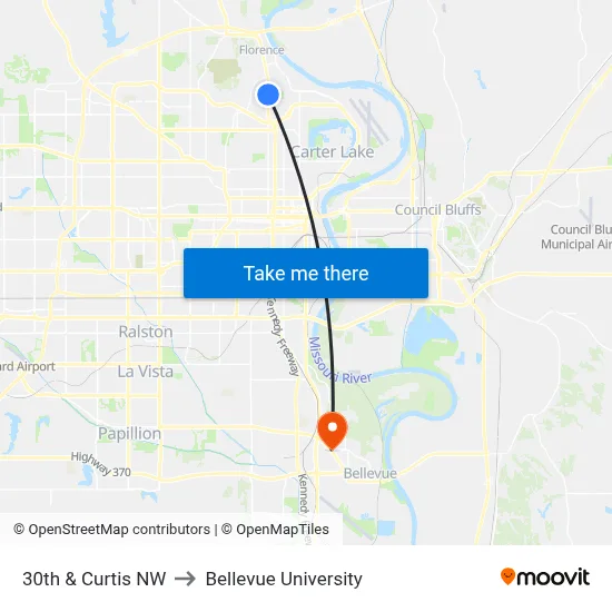 30th & Curtis NW to Bellevue University map