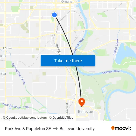 Park Ave & Poppleton SE to Bellevue University map
