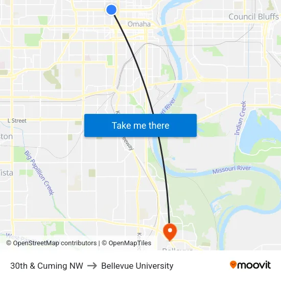 30th & Cuming NW to Bellevue University map