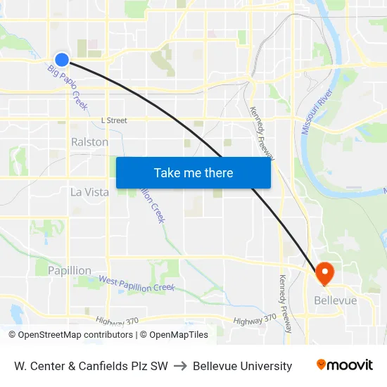 W. Center & Canfields Plz SW to Bellevue University map