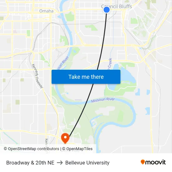 Broadway & 20th  NE to Bellevue University map
