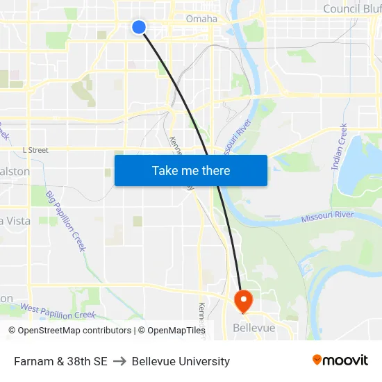 Farnam & 38th SE to Bellevue University map