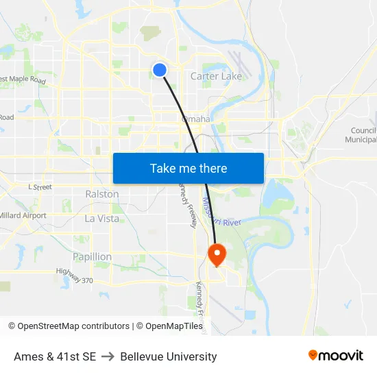 Ames & 41st SE to Bellevue University map