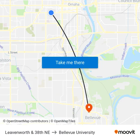 Leavenworth & 38th NE to Bellevue University map