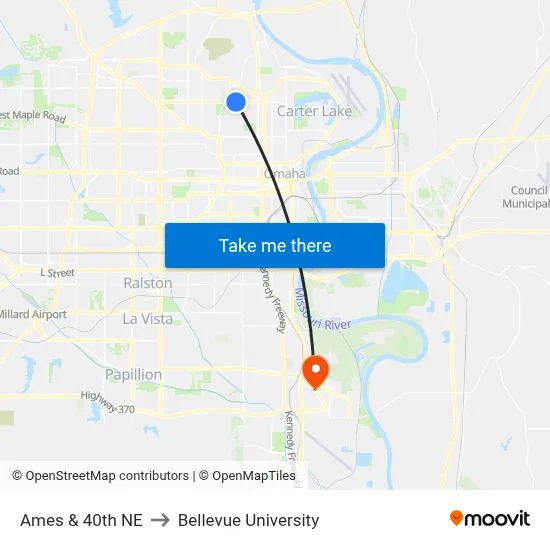 Ames & 40th NE to Bellevue University map