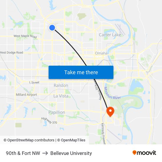 90th & Fort NW to Bellevue University map