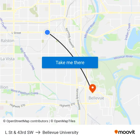 L St & 43rd SW to Bellevue University map