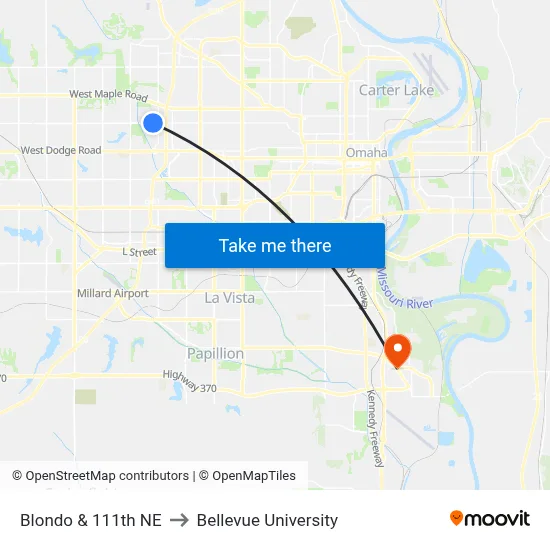 Blondo & 111th NE to Bellevue University map