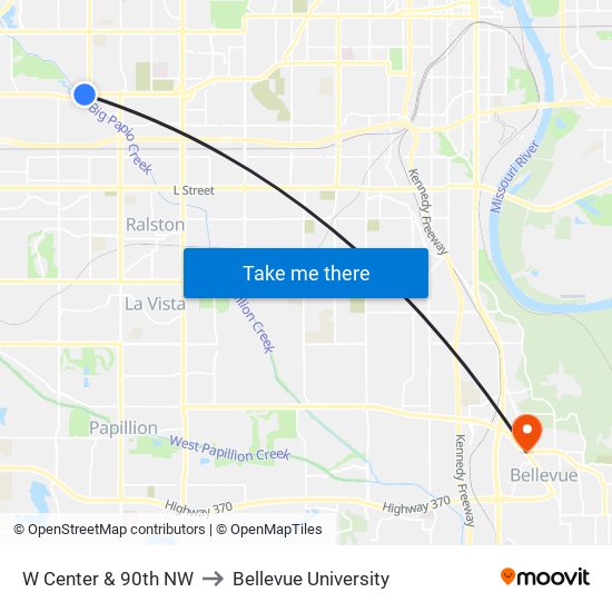W Center & 90th NW to Bellevue University map