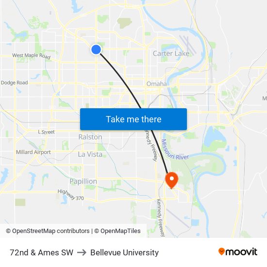 72nd & Ames SW to Bellevue University map