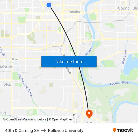 40th & Cuming SE to Bellevue University map