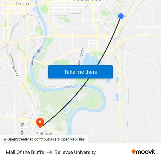 Mall Of the Bluffs to Bellevue University map