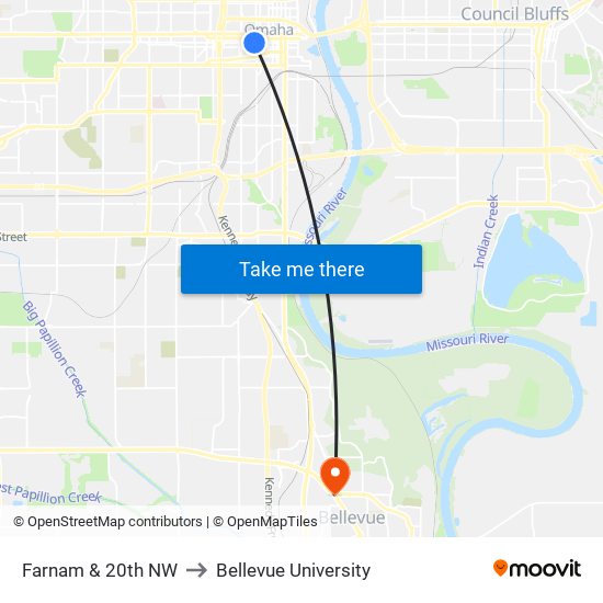 Farnam & 20th NW to Bellevue University map