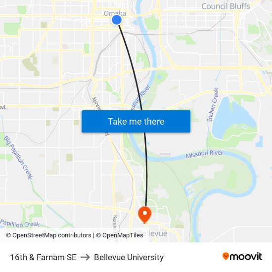 16th & Farnam SE to Bellevue University map