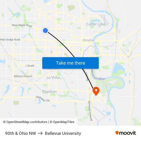 90th & Ohio NW to Bellevue University map