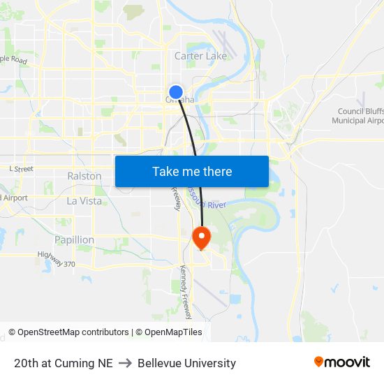 20th at Cuming NE to Bellevue University map