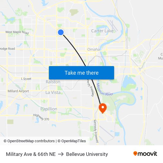 Military Ave & 66th NE to Bellevue University map