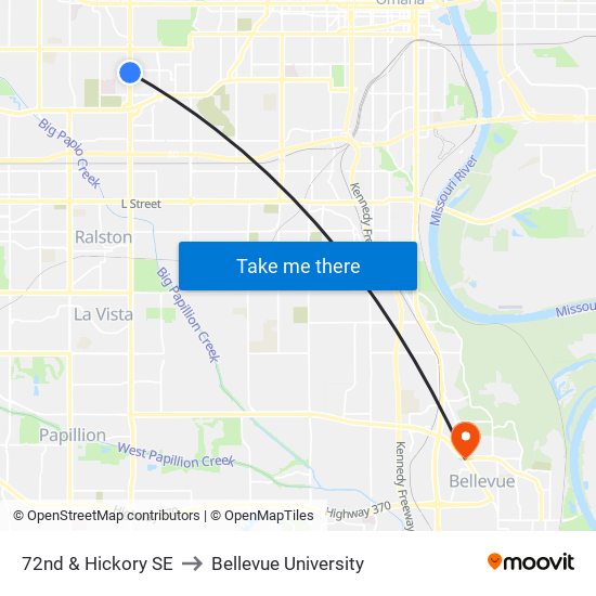 72nd & Hickory SE to Bellevue University map