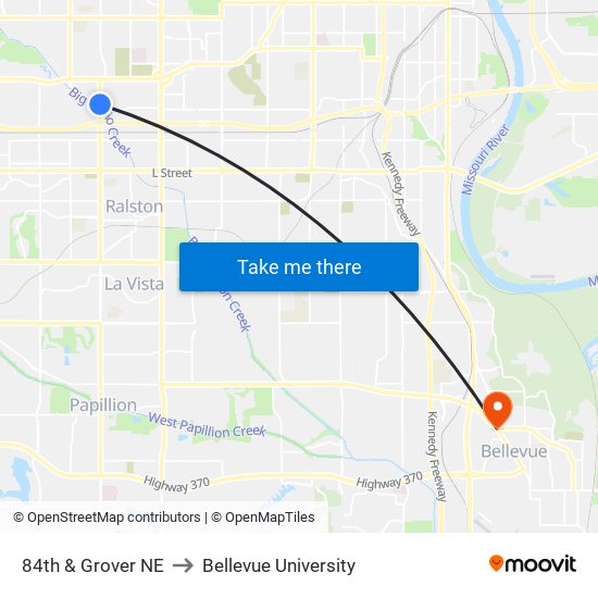 84th & Grover NE to Bellevue University map