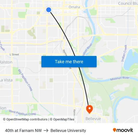 40th at Farnam NW to Bellevue University map
